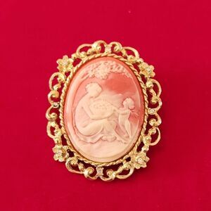 Vintage Victorian Gold Plated Revival Lady with Child Brooch Pin Pendant